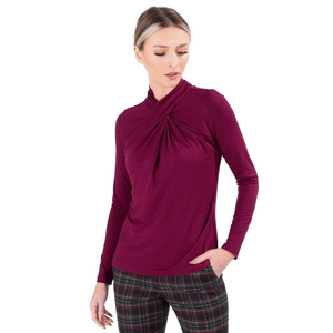 Elie Tahari burgundy twist mock neck top
